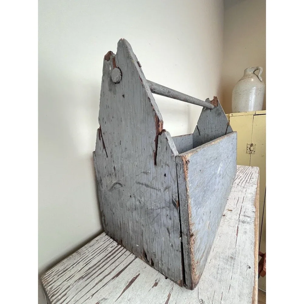 Vintage Grey Primitive Carpenter's Wooden Tool Box Caddy Tote Rustic Wood 21”